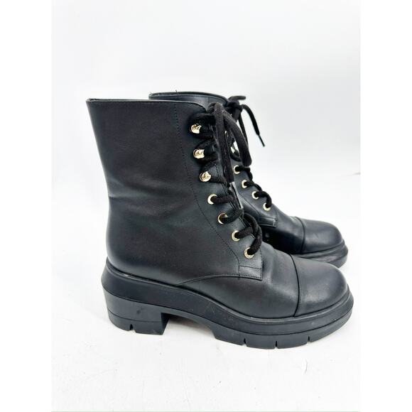 Stuart Weitzman Nisha Black Leather Lug Sole Lace Up Combat Boots Size 5.5 WIDE - Picture 2 of 5